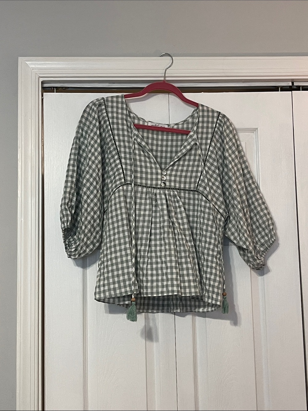 Petal & Pup Sage Gingham Peasant Blouse with Tassels